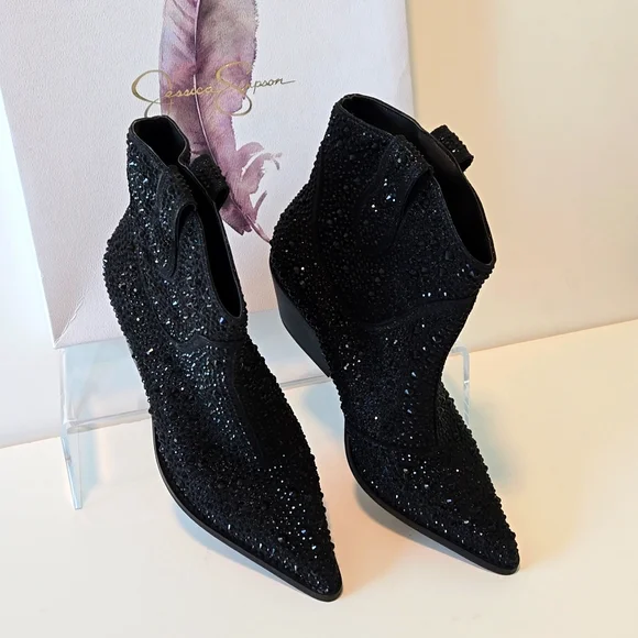 JESSICA SIMPSON BLACK GLITTER TAMIRA BOOTS NWOT 7M - Picture 1 of 7